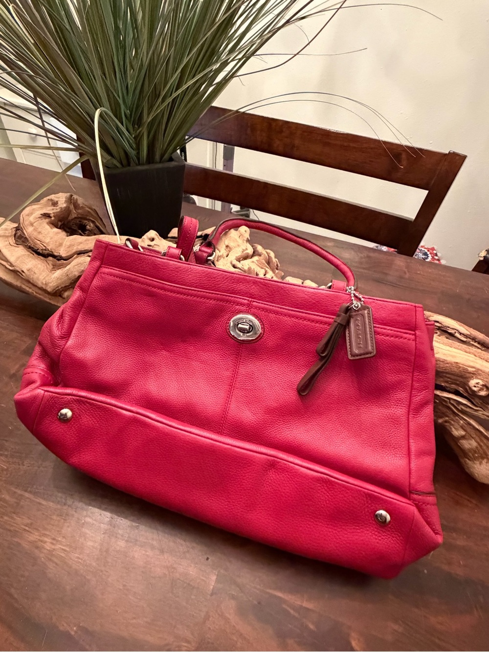Coach Red Pebbled Leather Satchel with Turnlock